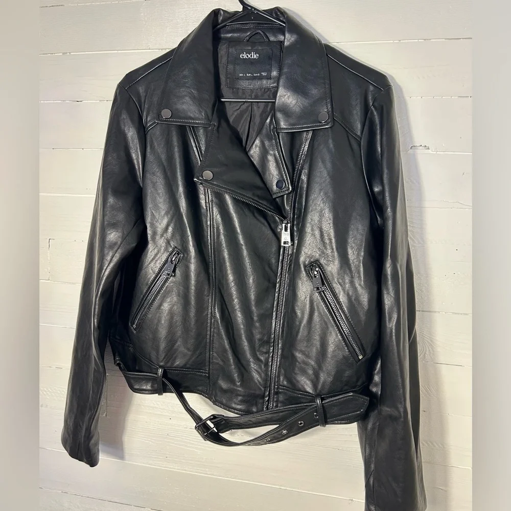 Eloide Faux leather Moto Jacket, black, silver zip, women’s size Large.